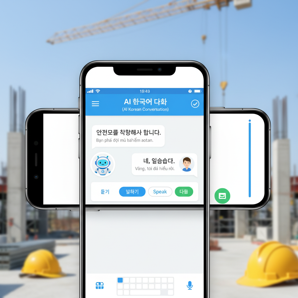 스마트폰 AI 앱을 통해 '안전모 착용'에 대한 한국어 대화를 학습하는 화면