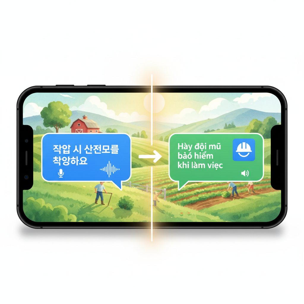 AI 통번역 앱을 사용하여 안전 수칙을 베트남어로 번역하는 스마트폰 화면