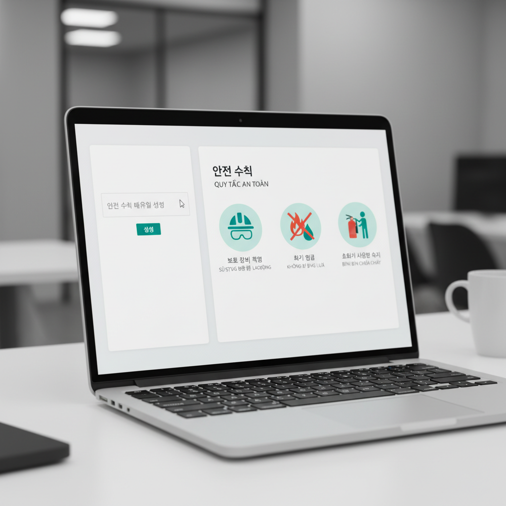 AI를 이용해 한국어 프롬프트로 다국어 안전 매뉴얼을 자동 생성하는 노트북 화면