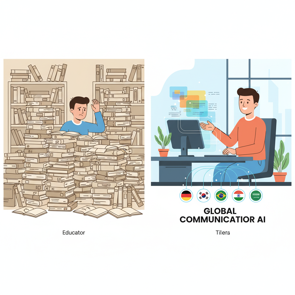 AI를 활용하여 여러 언어의 교육 자료를 손쉽게 제작하는 교육 담당자의 모습.