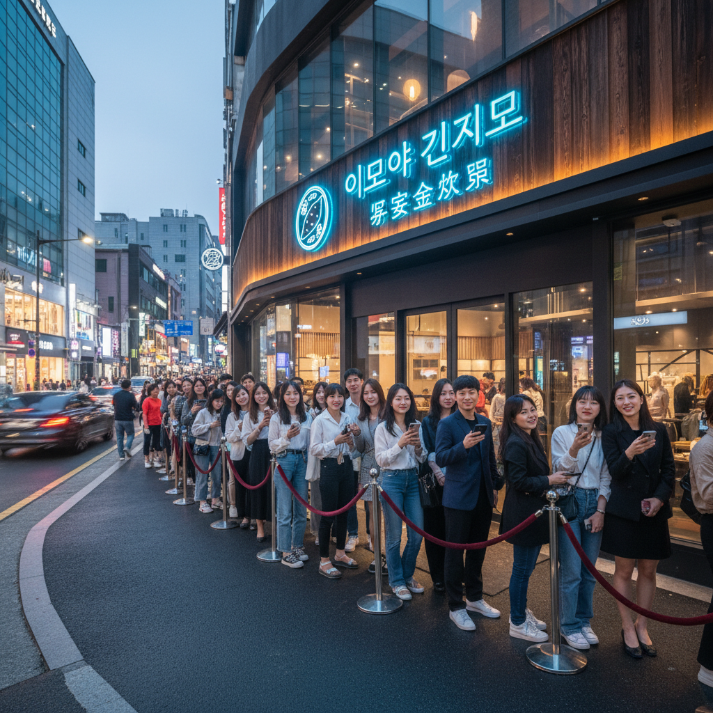 해질녘 트렌디한 압구정 거리, 네온사인이 빛나는 퓨전 일식 레스토랑 '이모야킨지로' 앞에 길게 줄을 선 사람들.