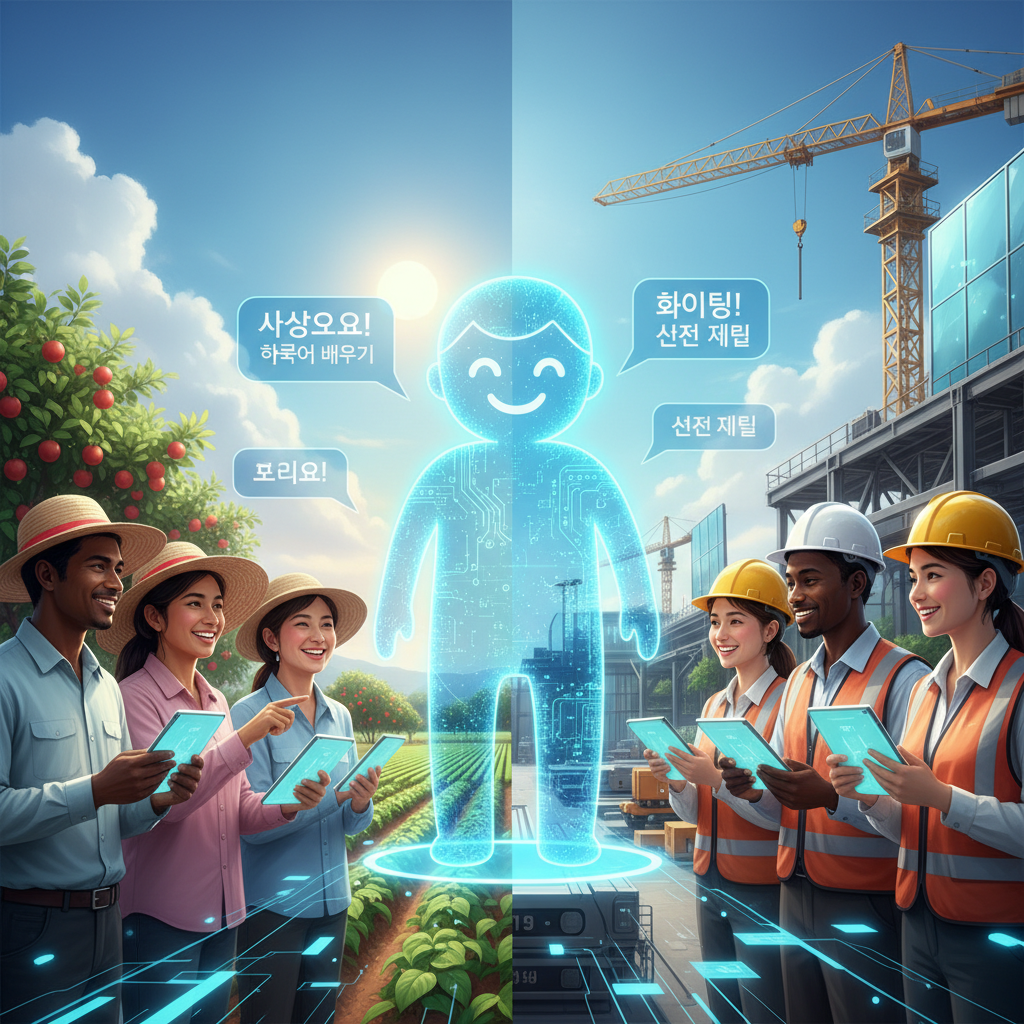 농업과 건설 현장의 외국인 근로자들이 AI 튜터와 함께 한국어를 배우며 밝게 소통하는 모습.