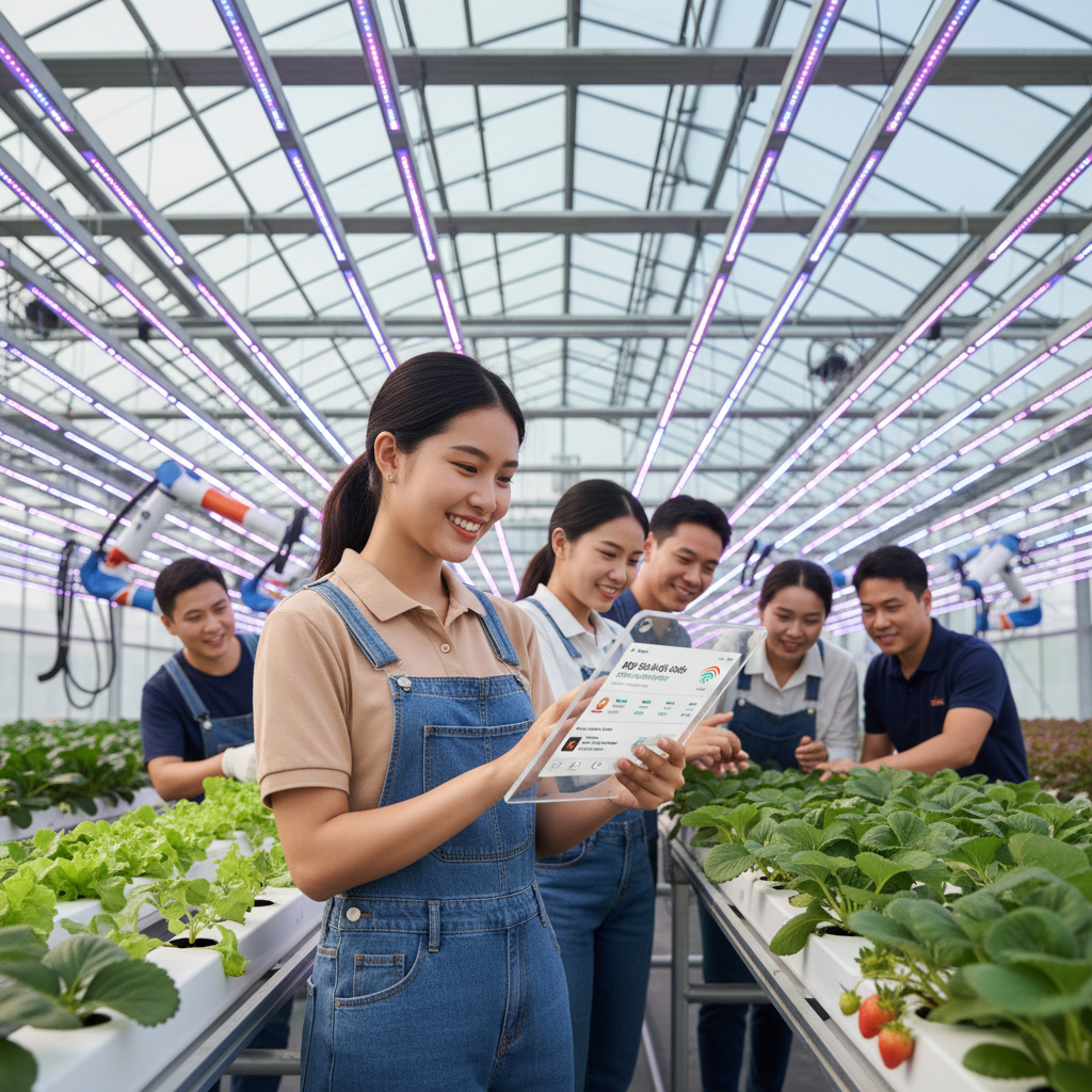 스마트팜에서 AI 튜터 태블릿으로 맞춤형 직무 교육을 받고 있는 외국인 계절근로자들.