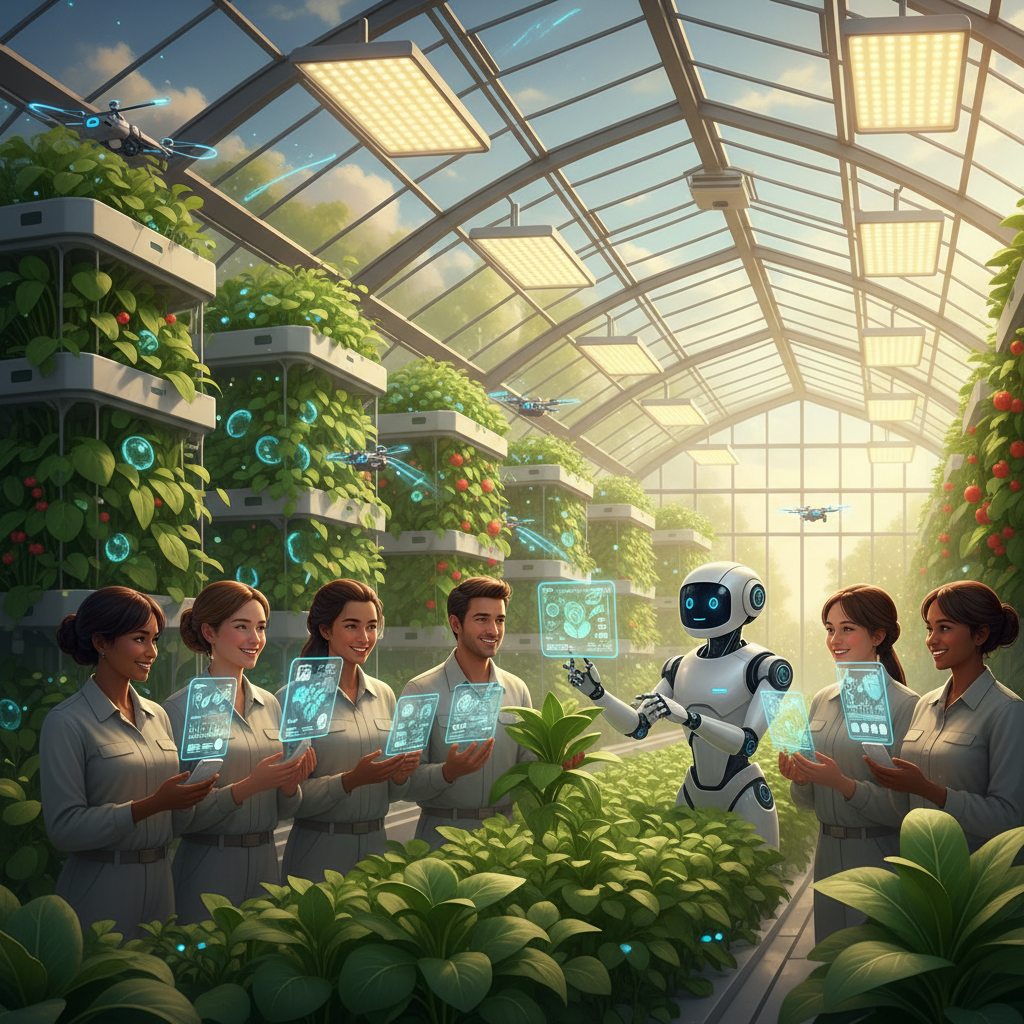 AI 스마트팜에서 외국인 근로자들이 스마트폰을 활용해 홀로그램으로 농업 및 안전 교육을 받는 미래적인 모습.