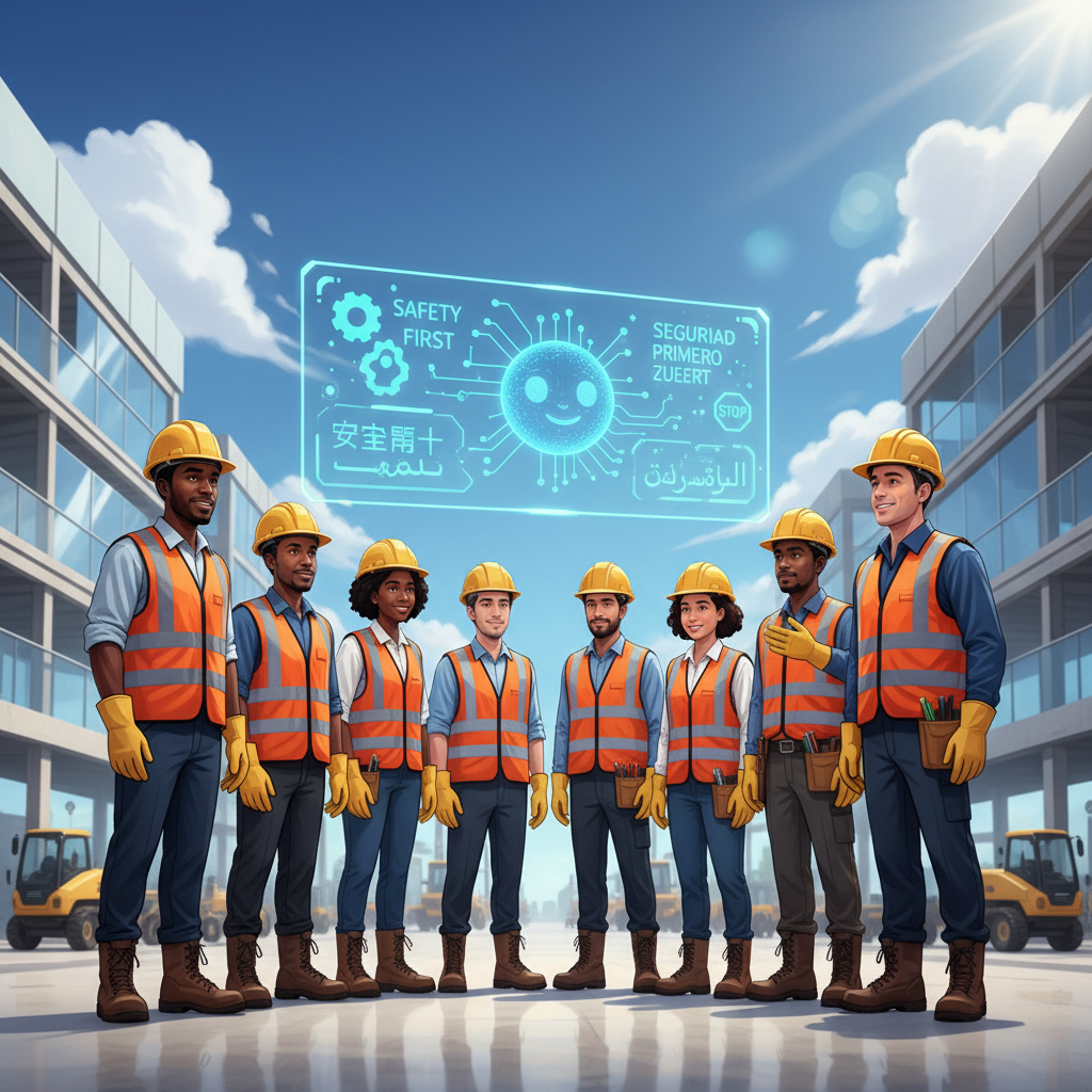 다양한 국적의 건설 현장 근로자들이 AI 안전교육 시스템을 통해 모국어로 소통하며 안전 교육을 받는 모습.