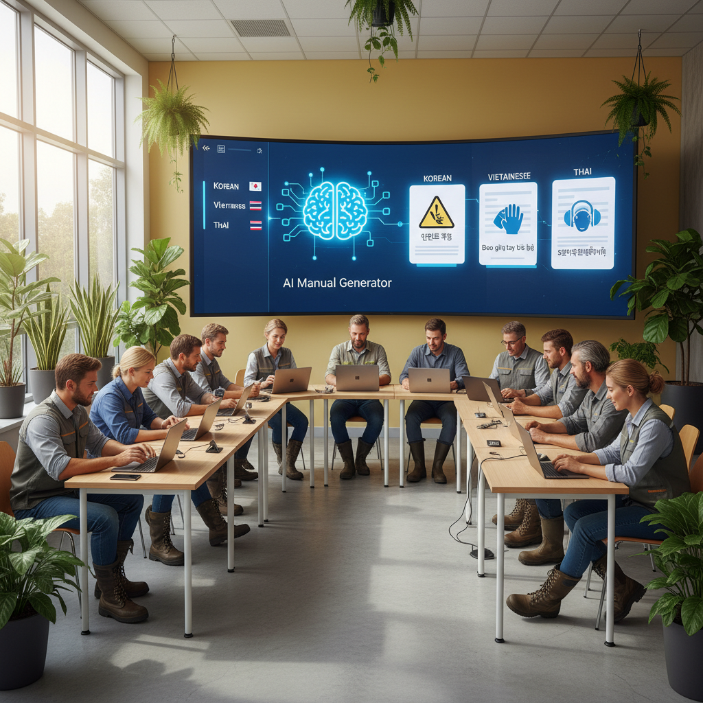 AI 교육 프로그램을 통해 다국어 안전 매뉴얼을 제작하는 계절근로자 교육 담당자들