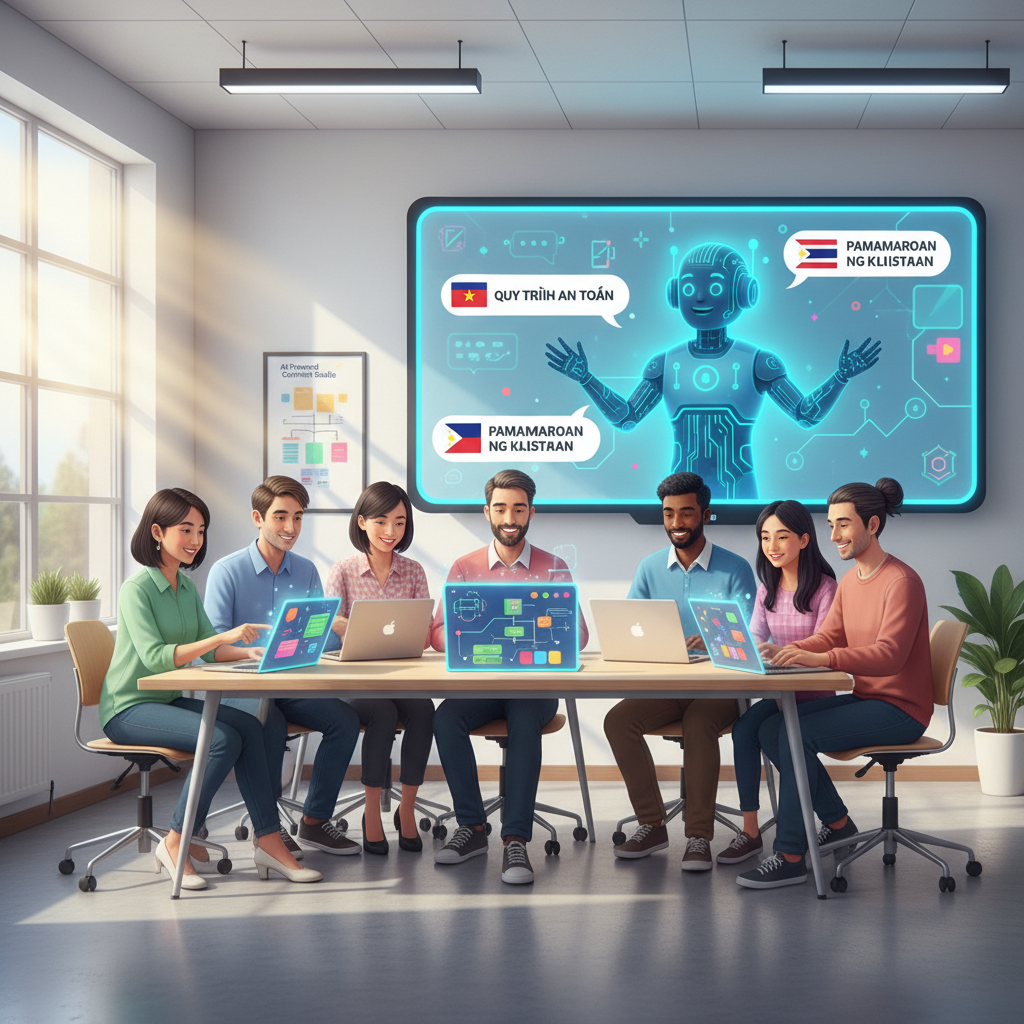 AI를 활용하여 다국어 교육 콘텐츠를 제작하는 교육자들의 모습