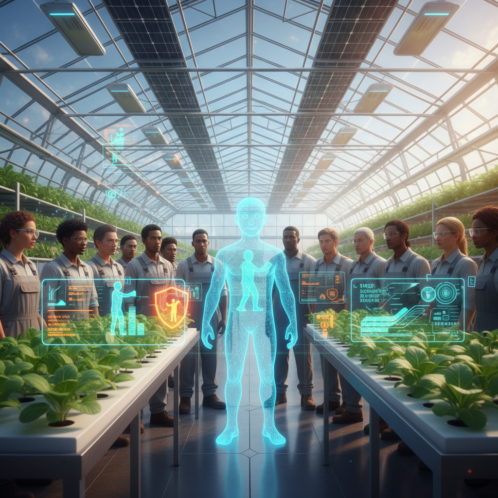 AI 아바타 강사에게 농업 안전교육을 받는 다양한 국적의 외국인 계절근로자들.