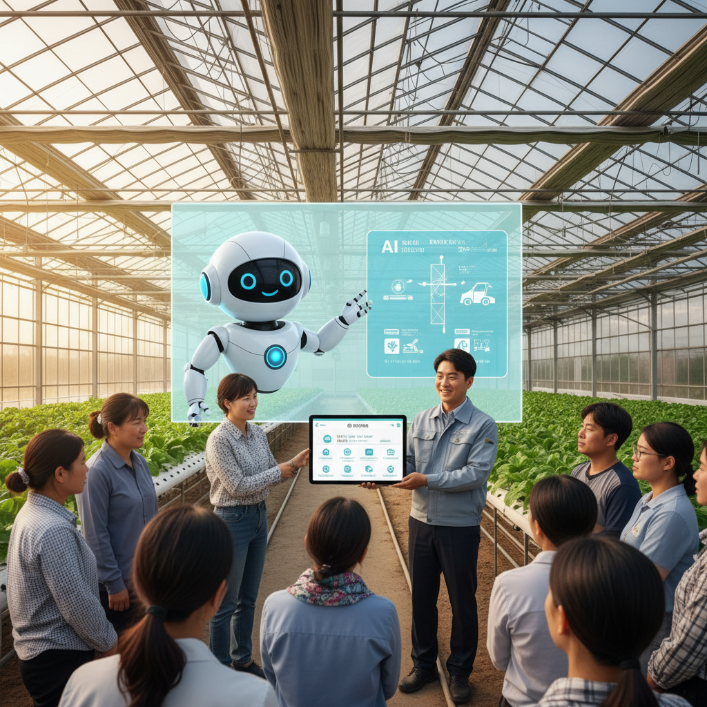 계절근로자 교육자가 태블릿을 사용하여 AI 아바타와 다국어 교육 자료로 현장 교육을 진행하는 모습.