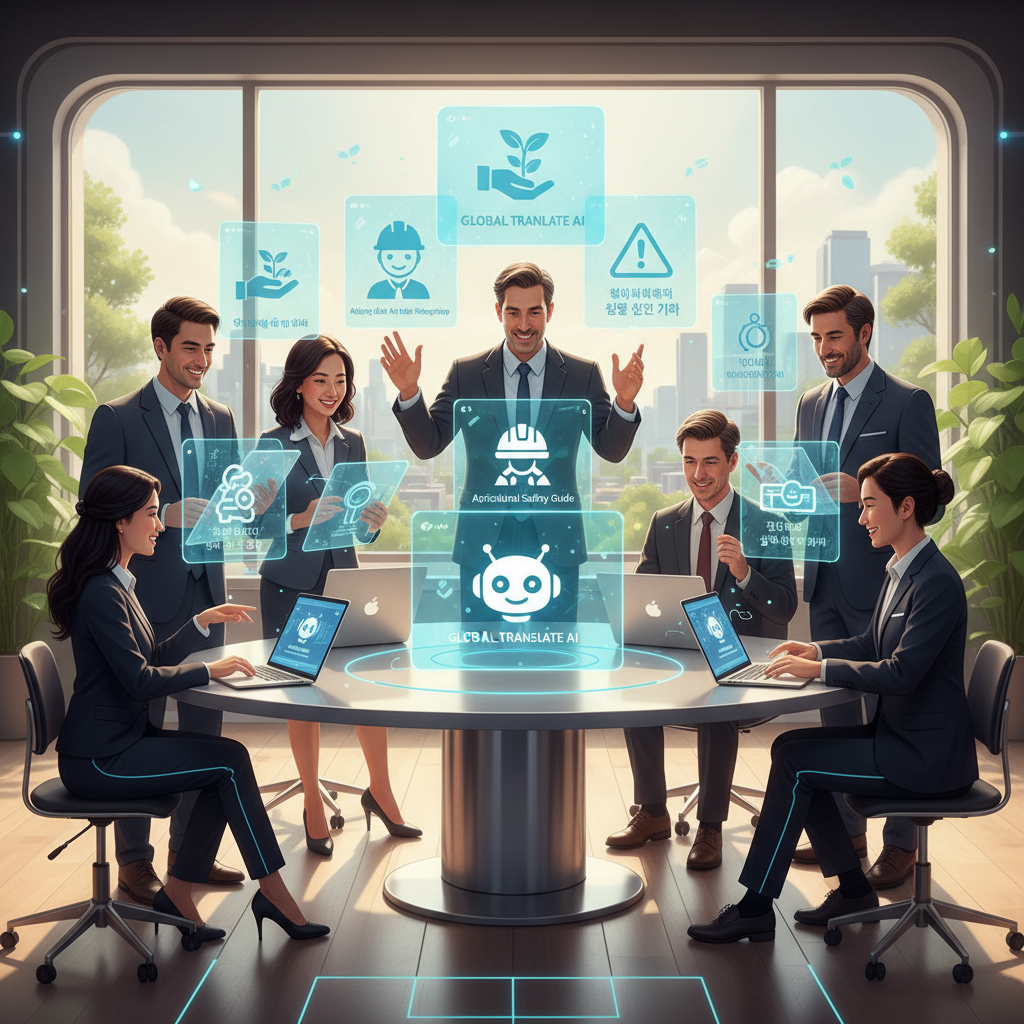 AI를 활용하여 농업 현장 계절근로자를 위한 다국어 맞춤형 교육 자료를 만드는 교육 담당자들의 모습