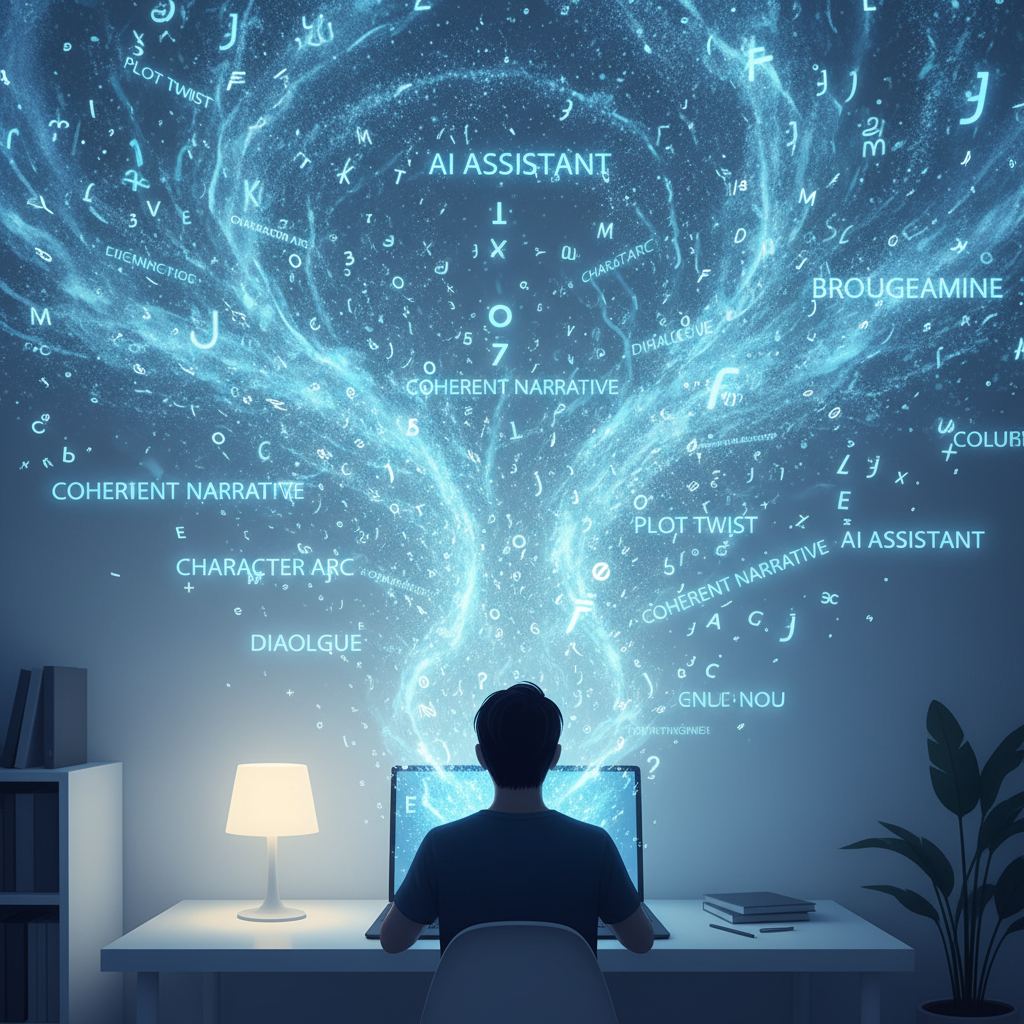AI 글쓰기 도우미의 도움으로 노트북 앞에 떠오르는 텍스트 초안을 보며 작업하는 작가의 모습