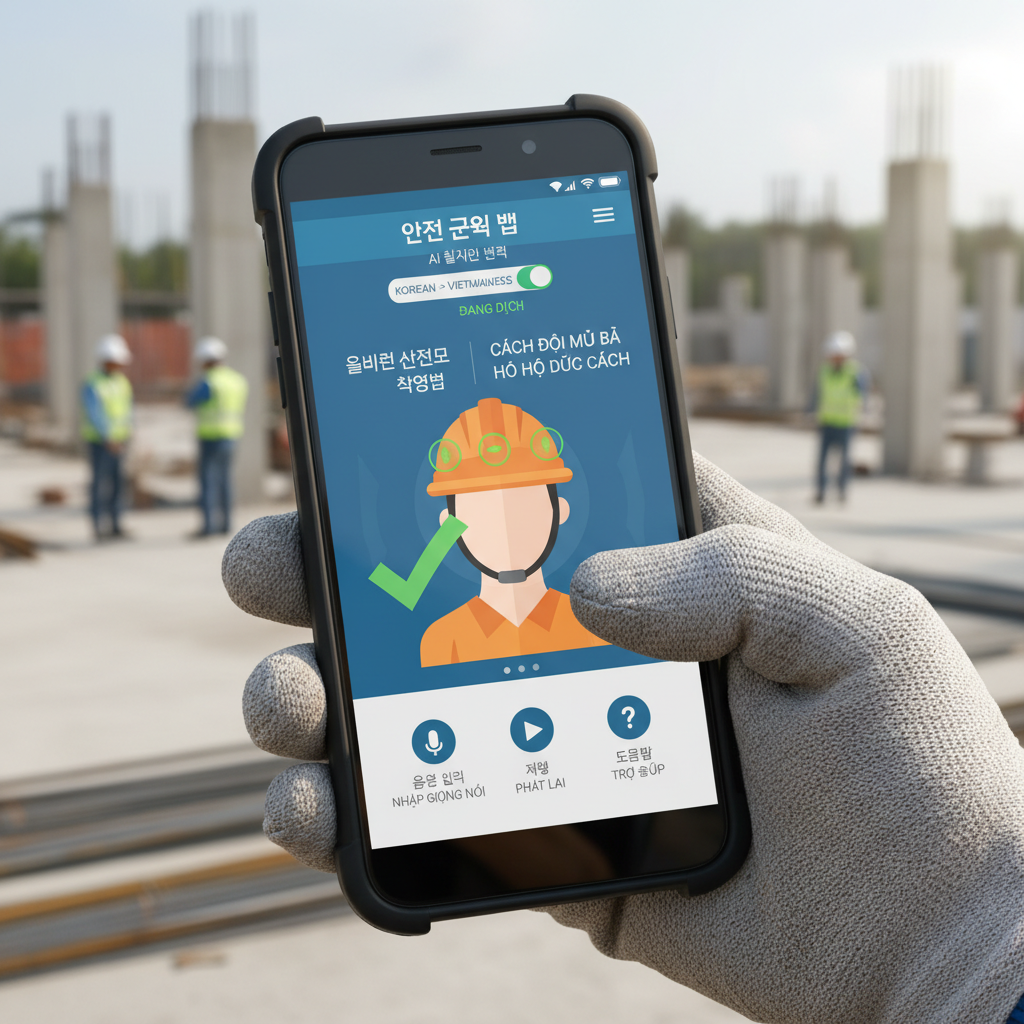 스마트폰 AI 앱을 통해 모국어로 산업 안전 교육을 받는 외국인 근로자의 모습.