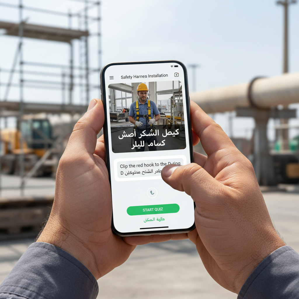 스마트폰 AI 앱을 통해 현장에서 안전 교육 번역을 확인하는 외국인 근로자의 손.