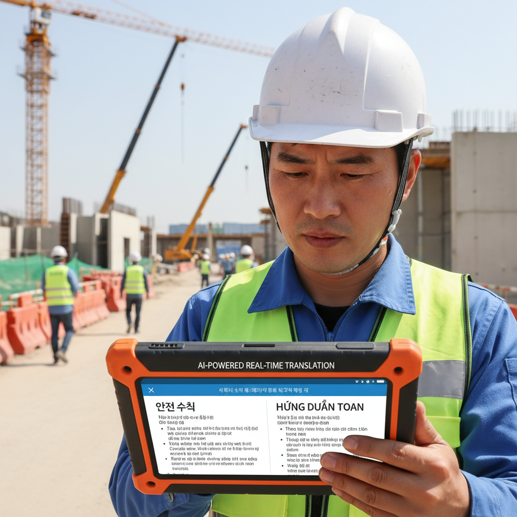 건설 현장의 외국인 근로자가 AI 통번역 앱을 통해 자신의 모국어로 안전 수칙을 확인하는 모습.