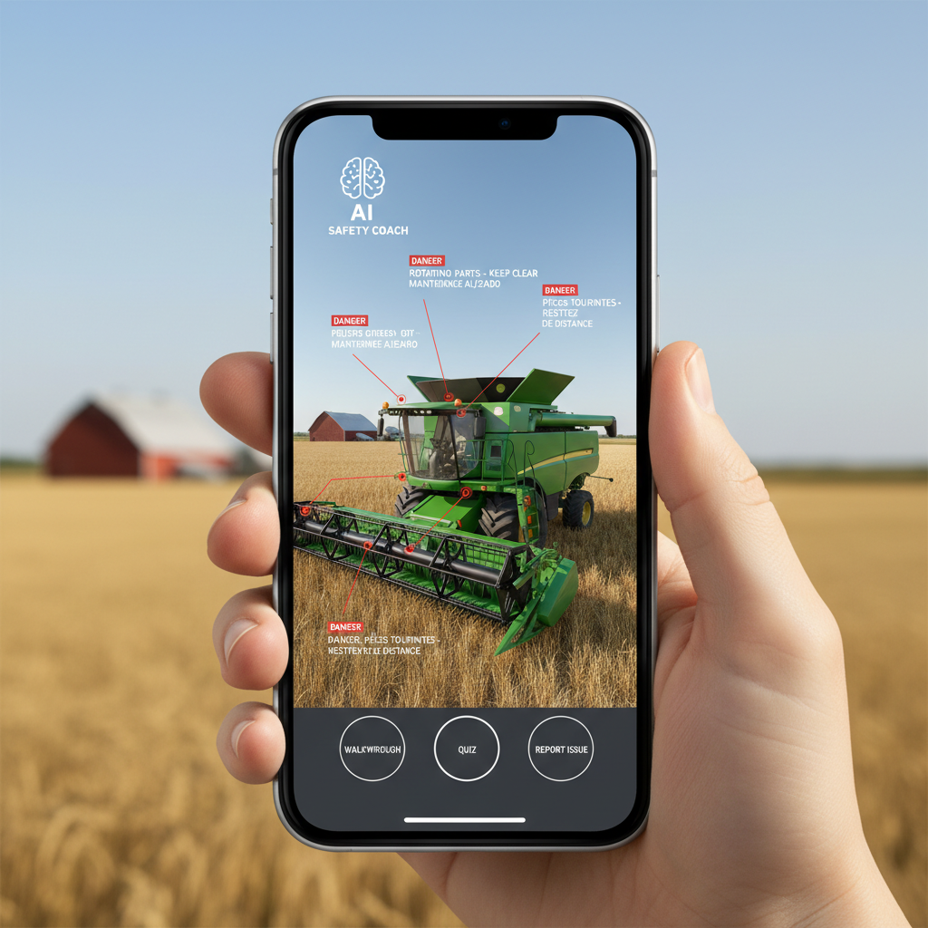 스마트폰 앱을 통해 농기계 3D 모델을 보며 다국어 AI 안전 교육을 받는 모습.