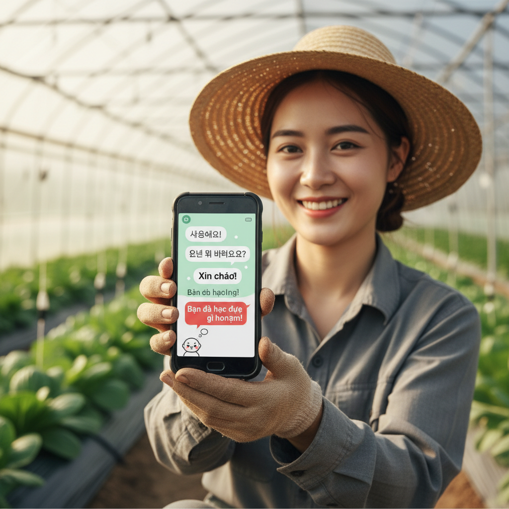 외국인 계절근로자가 스마트폰 AI 튜터 앱을 사용해 맞춤형 한국어 안전 교육을 받는 장면.