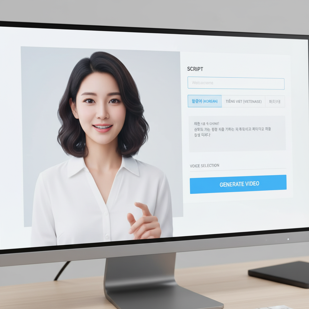 컴퓨터 화면에 AI 아바타 강사를 제작하는 프로그램이 보이며, 다국어 텍스트를 입력하여 교육 영상을 만드는 과정.