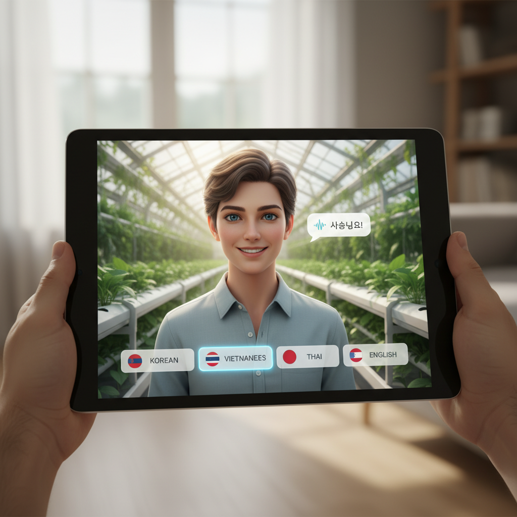 AI 아바타 강사가 다양한 언어로 농업 안전 수칙을 설명하는 교육 영상 화면