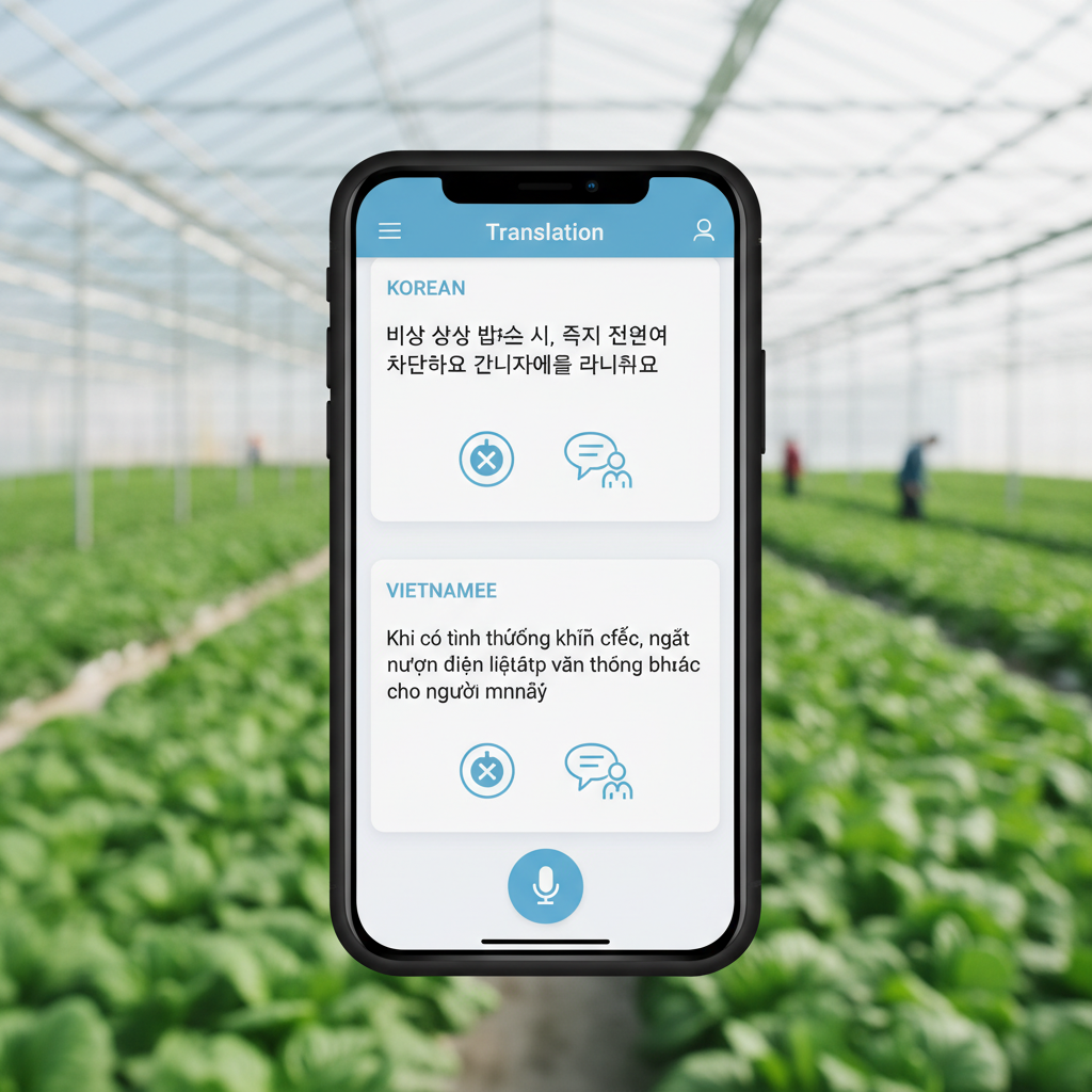 스마트폰 AI 번역 앱을 통해 한국어 안전 수칙이 베트남어로 번역되는 화면.