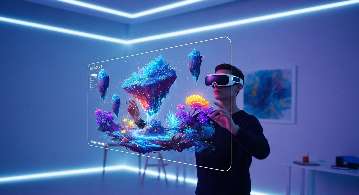 VR 기기를 쓴 사람이 홀로그램 인터페이스로 AI를 이용해 복잡한 풍경 이미지를 쉽게 생성하는 모습. 디자인에서의 AI 활용을 상징한다.