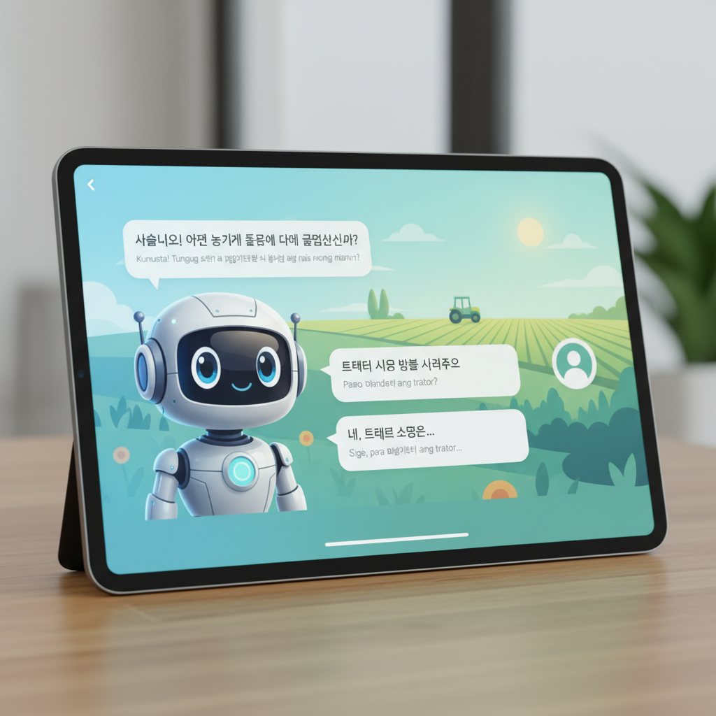 AI 챗봇과 농업 관련 실무 한국어 대화를 연습하는 태블릿 화면.