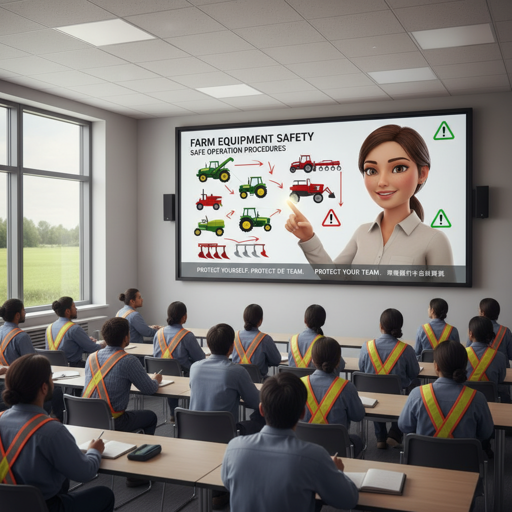 대형 스크린의 AI 아바타 강사에게 농기계 안전 교육을 받는 외국인 근로자들.
