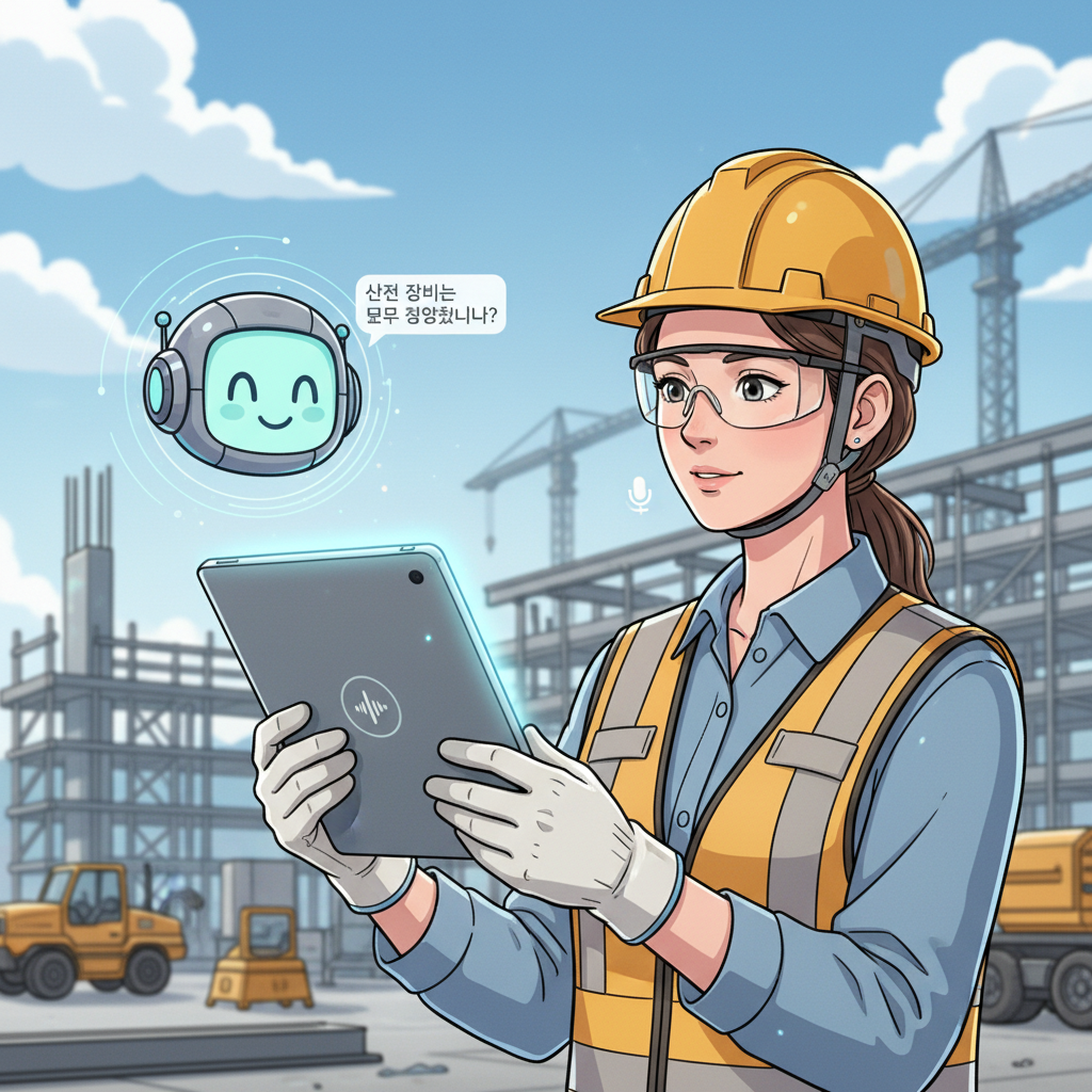 건설 현장에서 태블릿 속 AI 챗봇과 안전 장비에 대해 한국어로 대화하며 학습하는 외국인 여성 근로자.