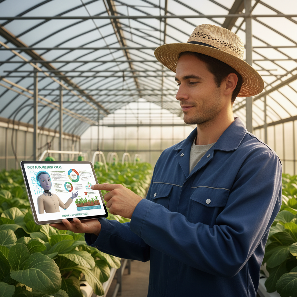 태블릿 화면 속 AI 아바타 강사에게 작물 관리법을 배우고 있는 외국인 근로자.