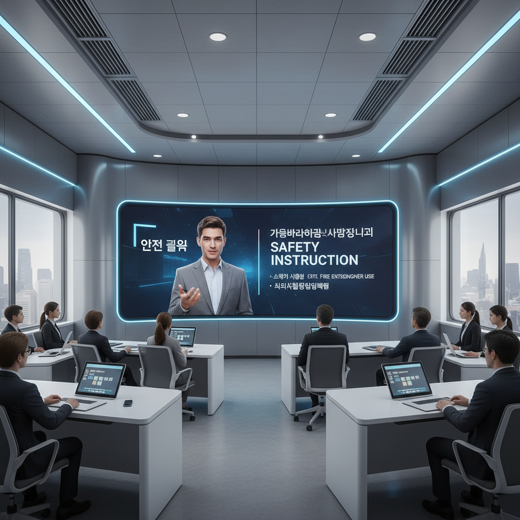 대형 스크린 속 AI 아바타 강사가 다국어로 산업 안전 교육 콘텐츠를 제공하는 모습.