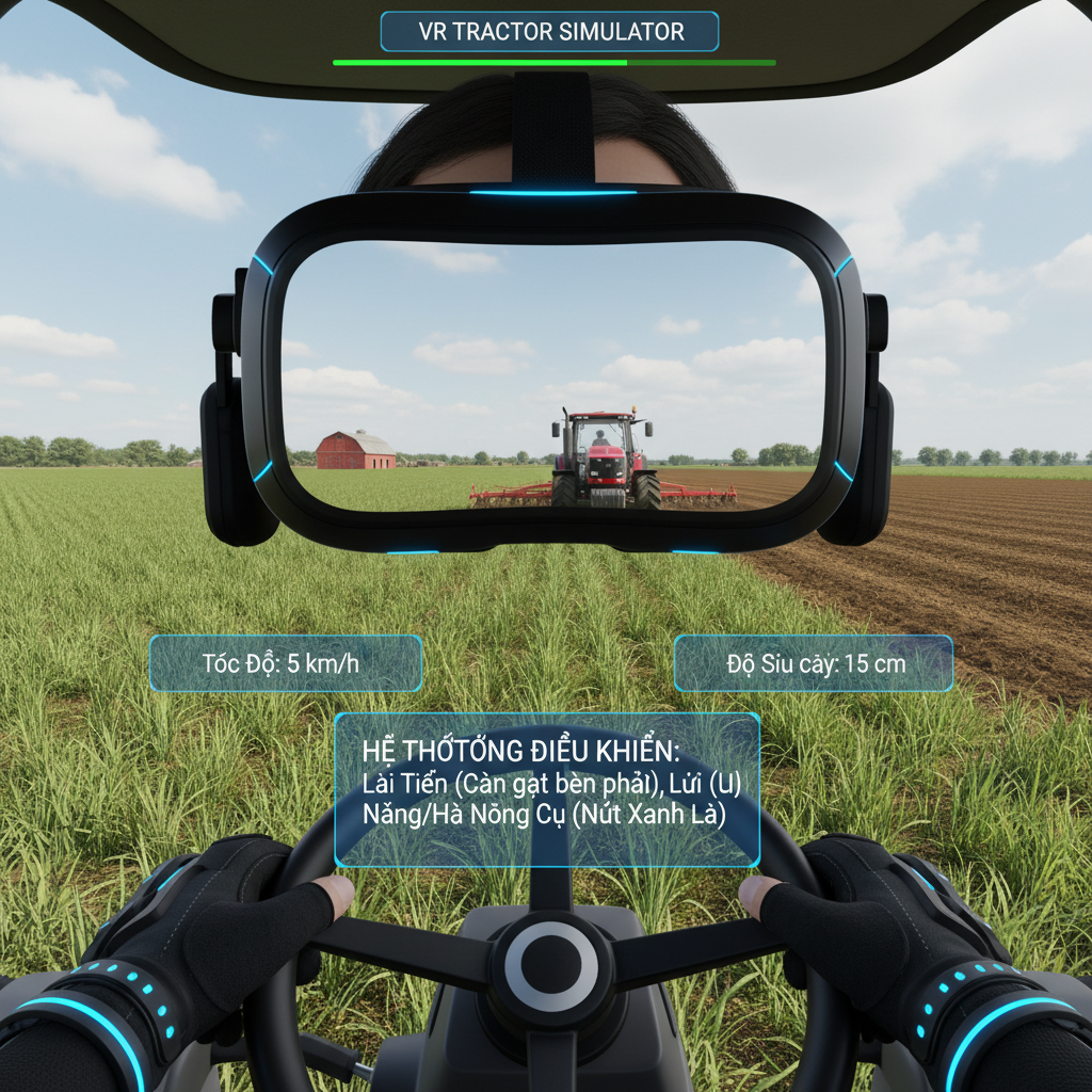 VR 헤드셋을 착용하고 AI 실시간 통번역 자막과 함께 가상 농기계 안전 교육을 받는 계절근로자