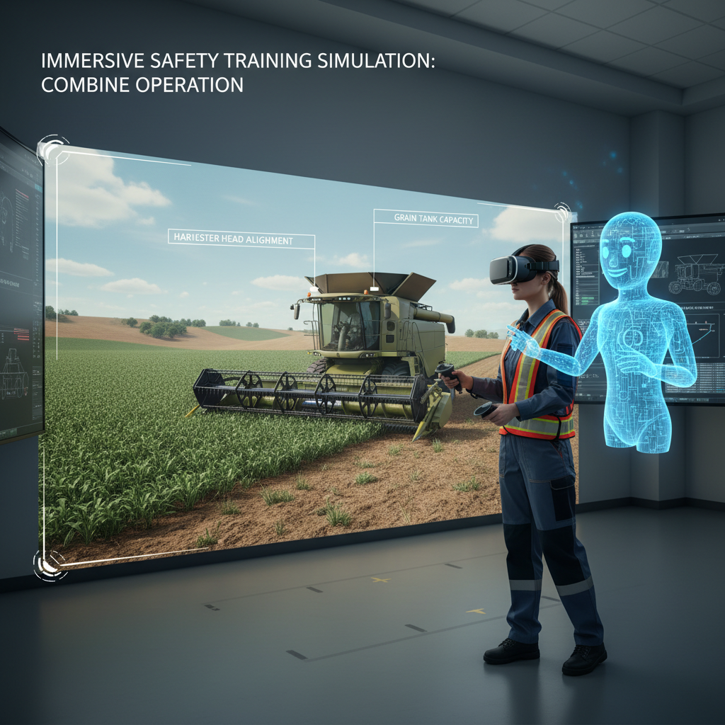 VR 헤드셋을 착용하고 가상 농업 환경에서 AI 튜터의 안내에 따라 안전 교육을 받는 모습.
