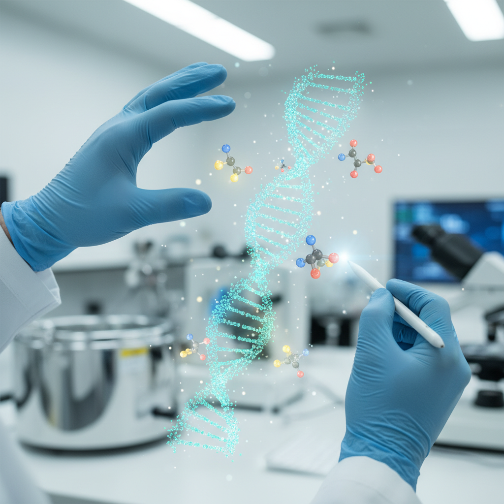 현대적인 연구실에서 과학자가 홀로그램 DNA 데이터를 분석하며 맞춤형 신약을 개발하는 모습.