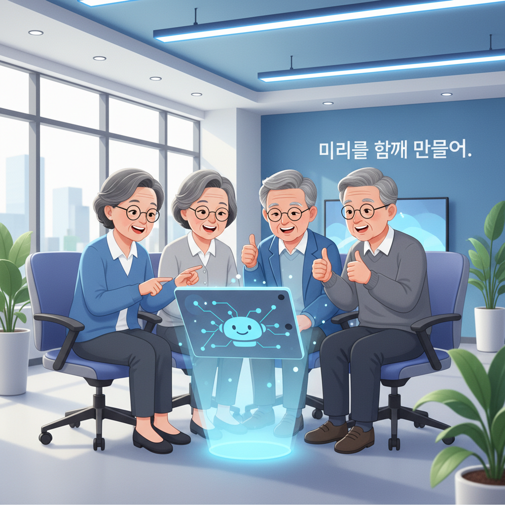 여러 명의 시니어들이 함께 태블릿을 보며 AI 기술을 배우고 활짝 웃고 있는 모습.