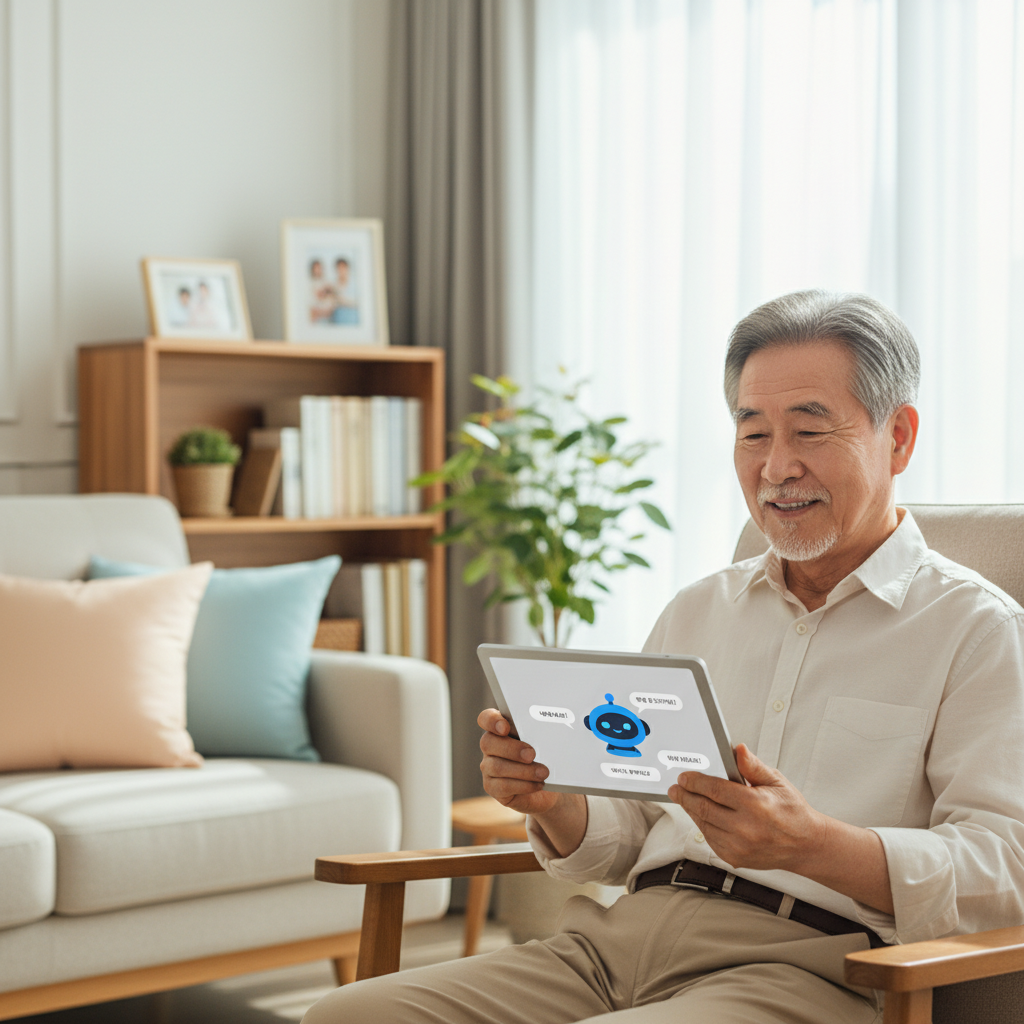 한 시니어가 거실에서 태블릿을 보며 미소 짓고 있으며, 태블릿 화면에는 AI 비서와 대화하는 내용이 보임.