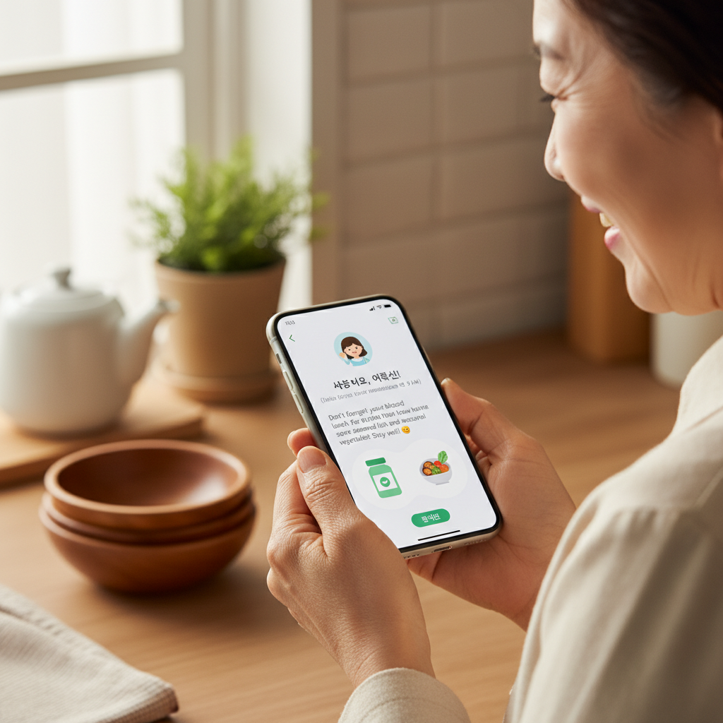 한 시니어가 스마트폰의 AI 건강관리 앱을 사용하여 약 복용 알림을 확인하고 있는 모습.