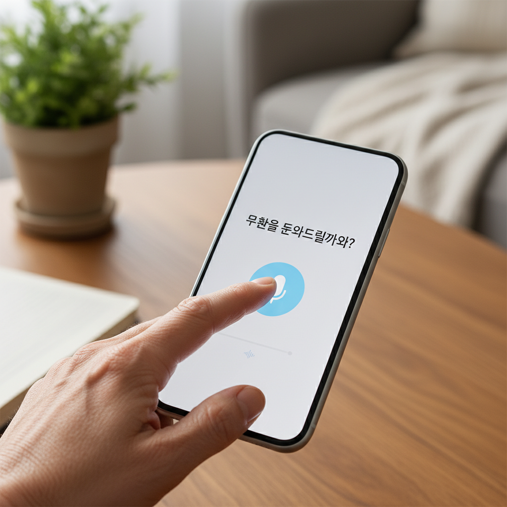 한 시니어의 손이 스마트폰의 음성 비서 기능을 실행하는 화면을 가리키고 있는 모습.