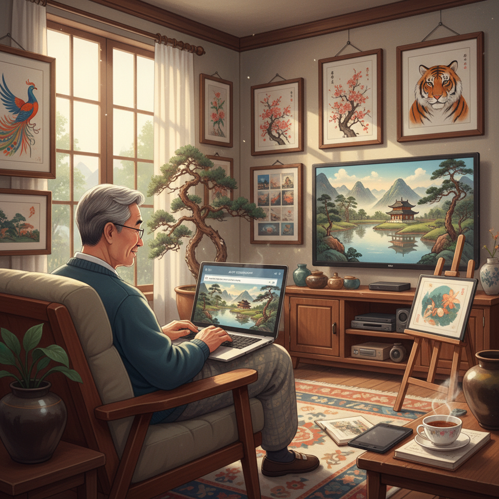 한 시니어 남성이 거실에서 노트북을 이용해 AI 이미지 생성기로 멋진 풍경화를 만들며 새로운 취미를 즐기는 모습.