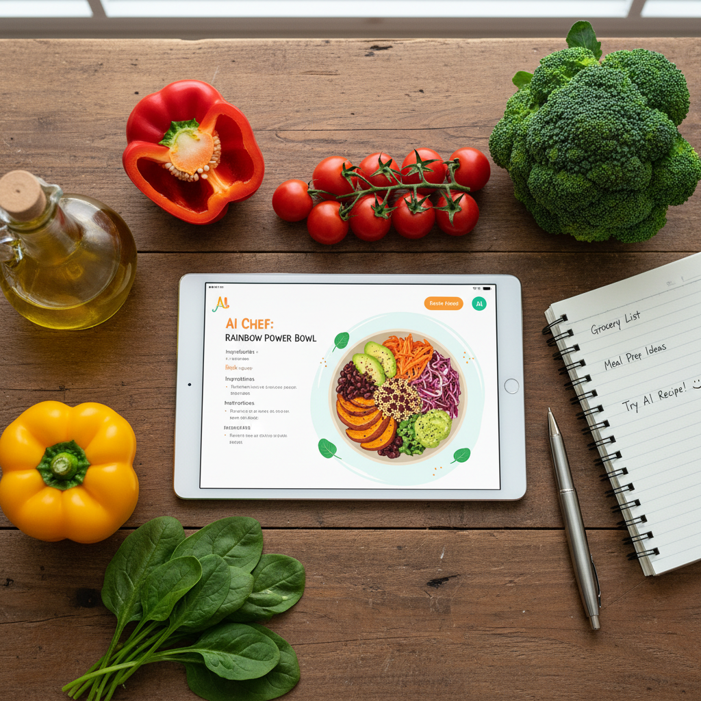AI가 추천해준 건강 레시피가 보이는 태블릿과 그 주변에 놓인 신선한 채소들.